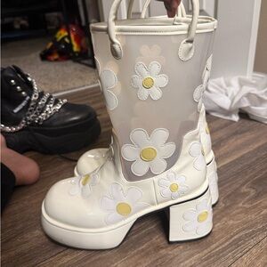 Dolls Kill White and Yellow Floral Winter Boots